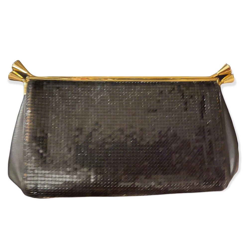 - Vintage 1980s Black metal mesh leather? Clutch evening bag party gold fi…